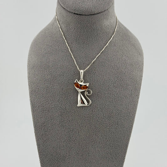 Playful Cat with Amber Eyes - Sterling Silver