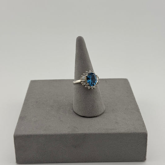 Blue Topaz Halo Ring - Sterling Silver