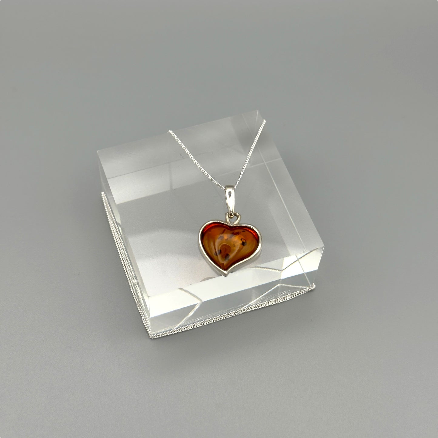 Giftable heart amber charm with silver chain