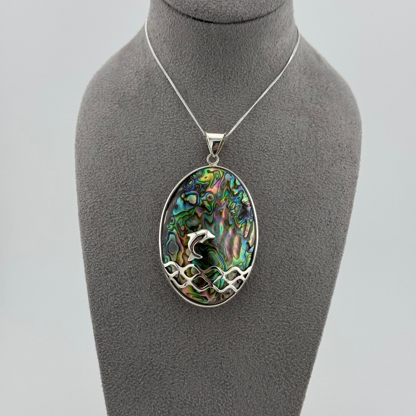 sterling silver dolphin necklace design in abalone shell