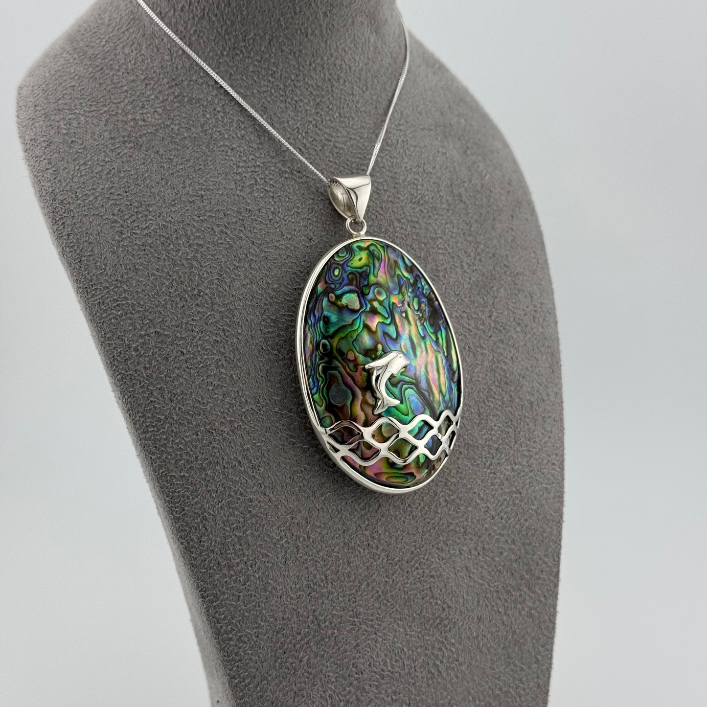 sterling silver dolphin necklace design in abalone shell