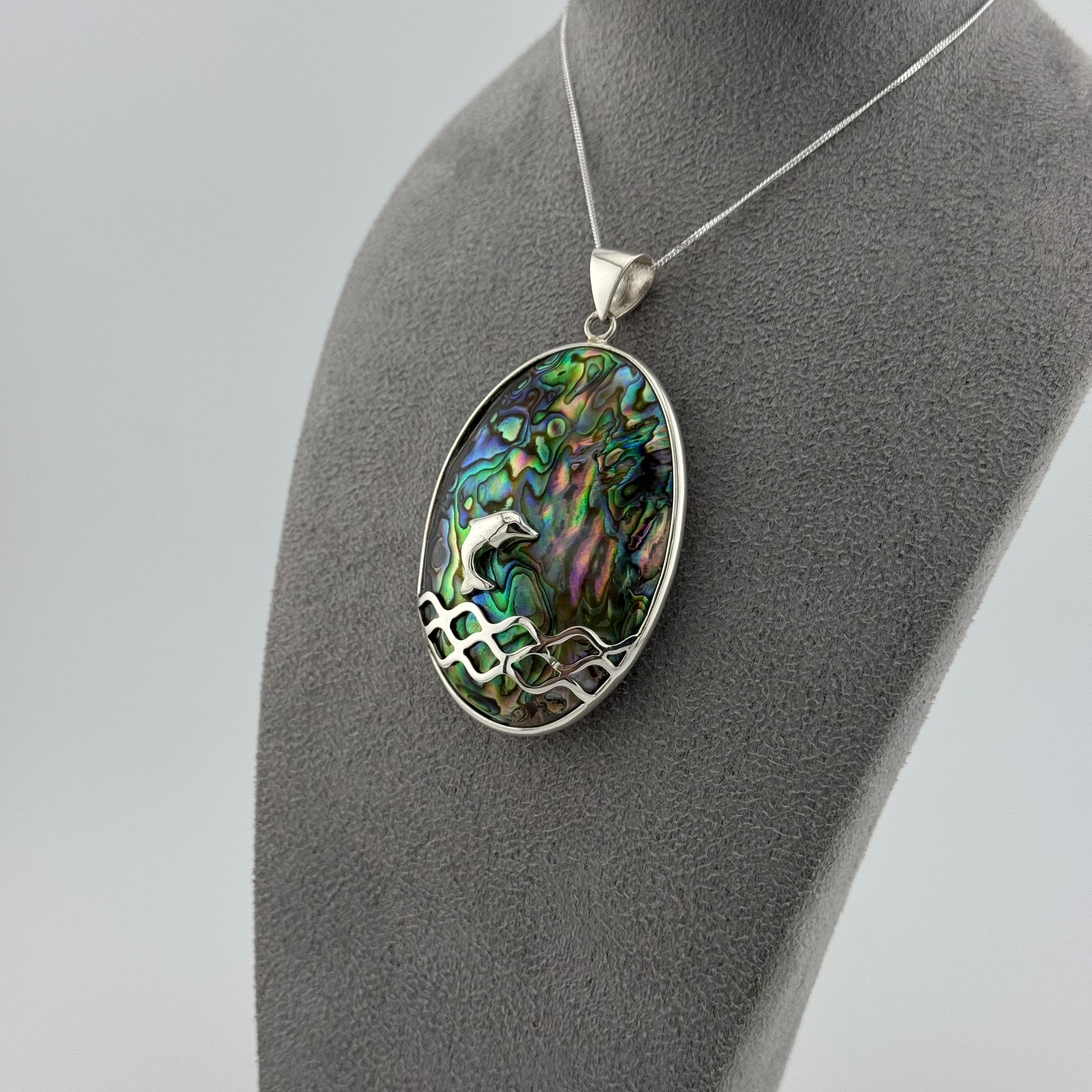 sterling silver dolphin necklace design in abalone shell