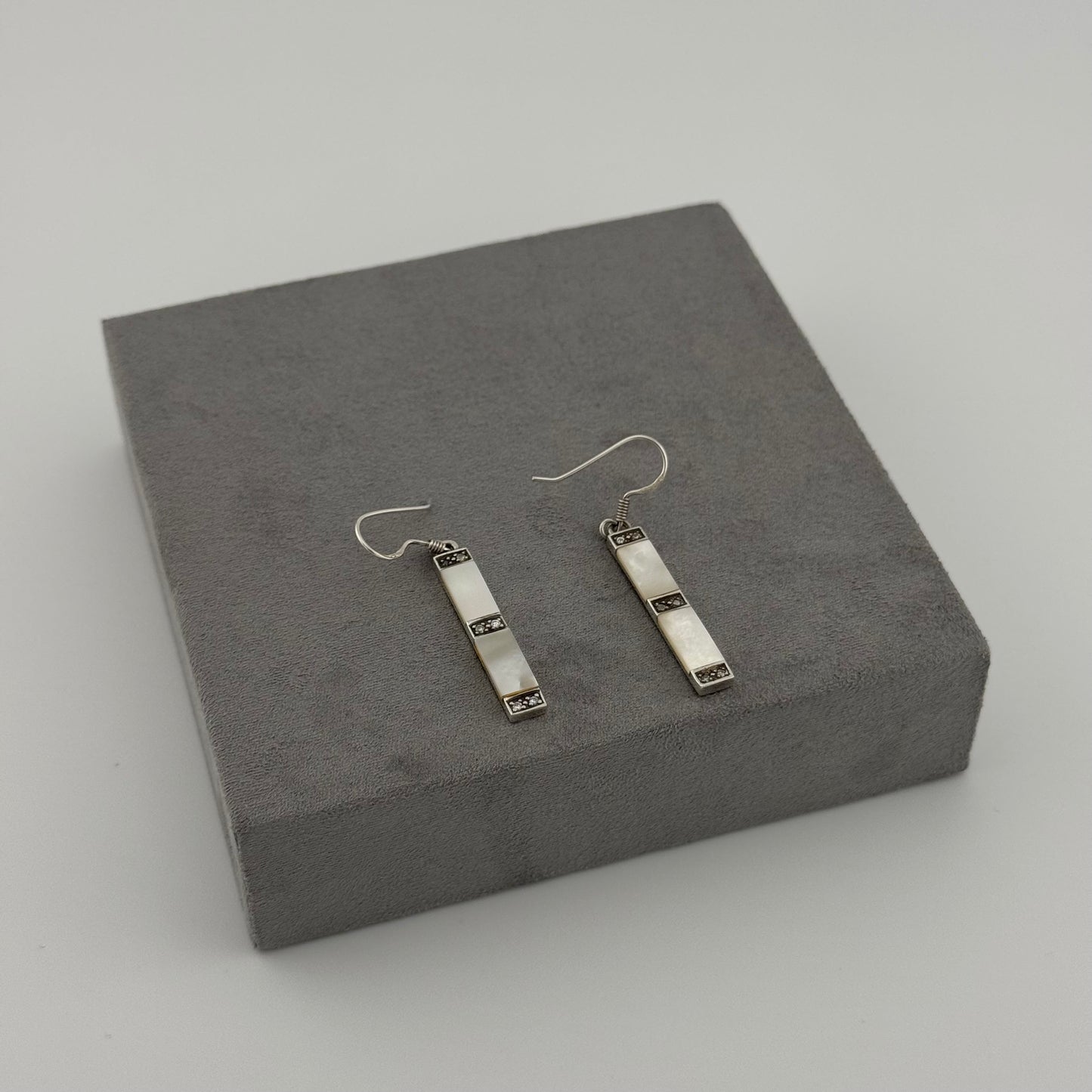 sterling silver mother of pearl drop earrings, bar design