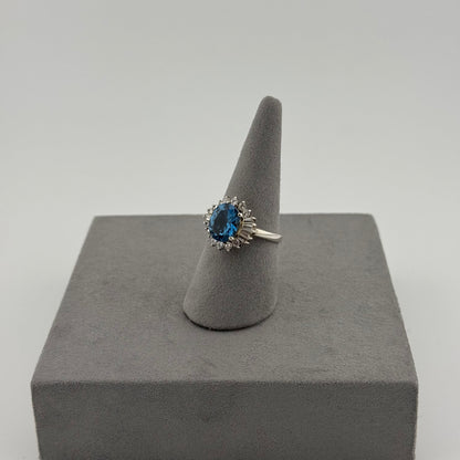 Blue Topaz Halo Ring - Sterling Silver