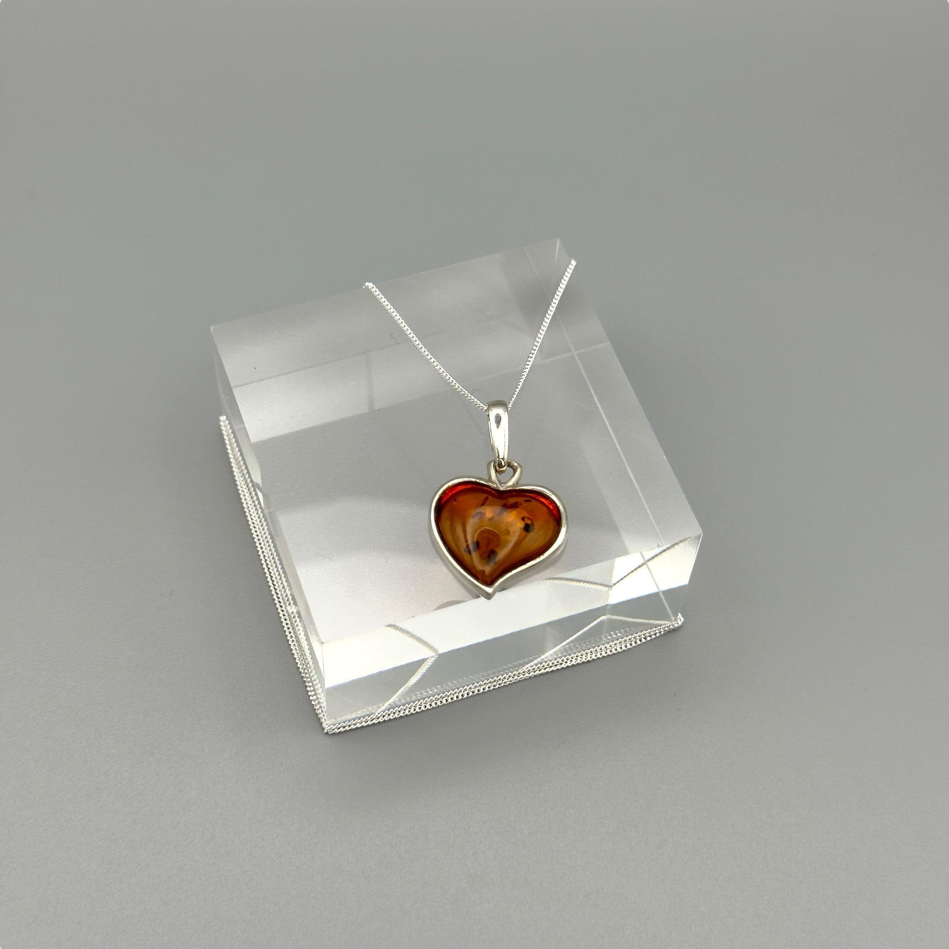 Giftable heart amber charm with silver chain