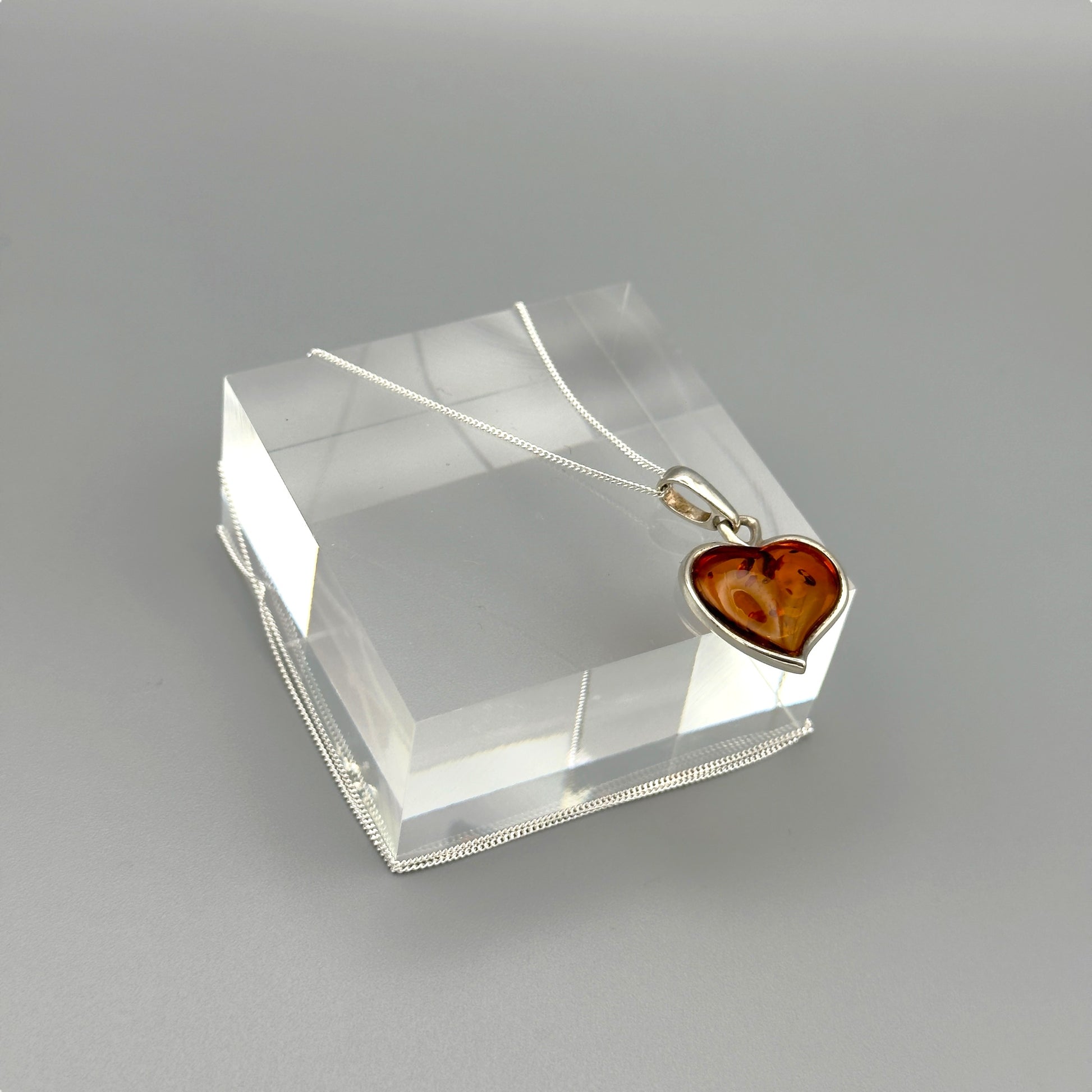 Close-up of heart-shaped Baltic amber necklace