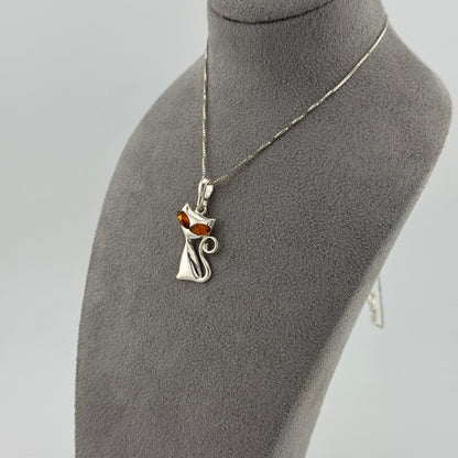 Playful Cat with Amber Eyes - Sterling Silver