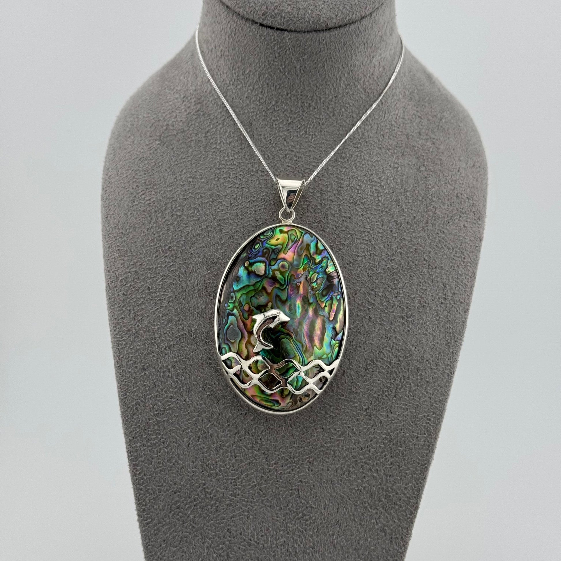 sterling silver dolphin necklace design in abalone shell