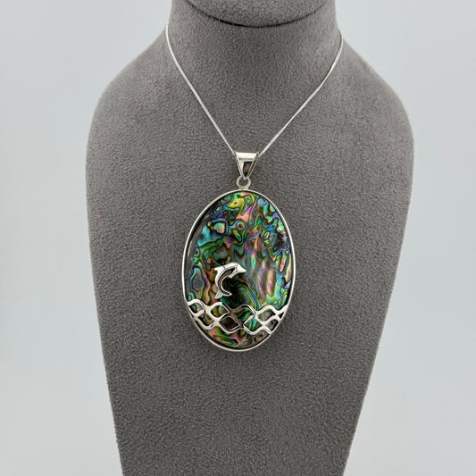 sterling silver dolphin necklace design in abalone shell