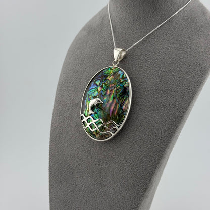 sterling silver dolphin necklace design in abalone shell
