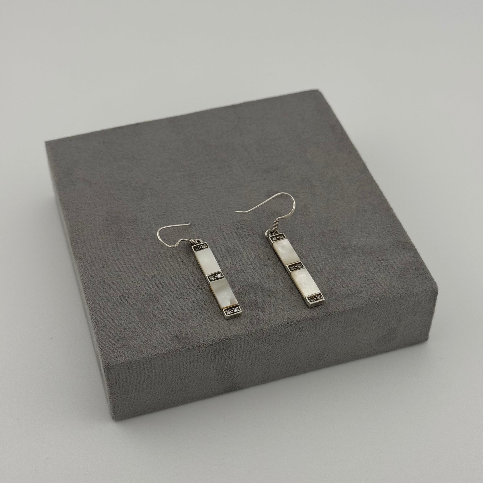 sterling silver mother of pearl drop earrings, bar design