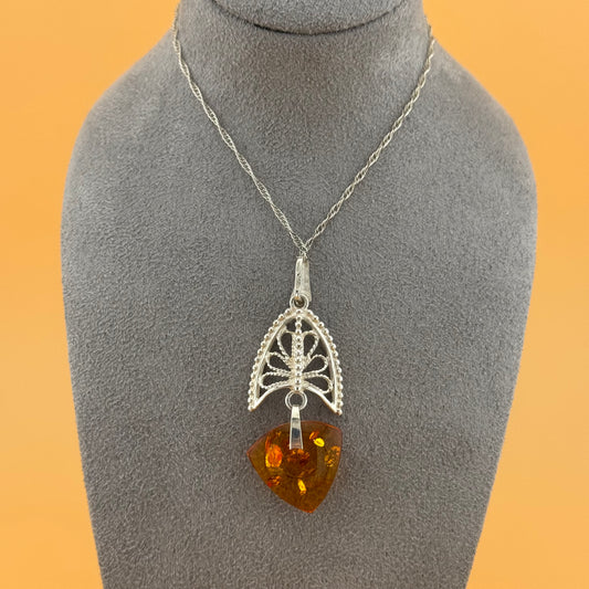 Gothic Fan-Style Amber Necklace - Sterling Silver