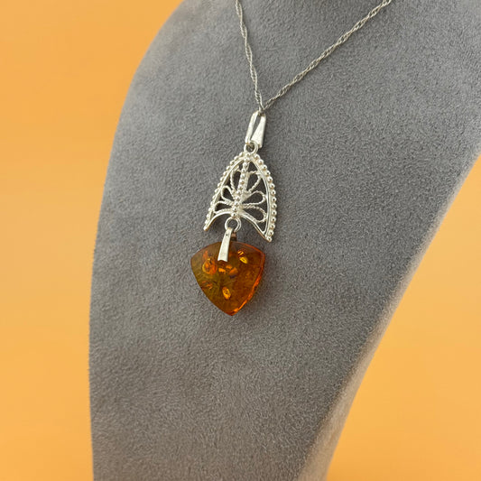 Gothic Fan-Style Amber Necklace - Sterling Silver