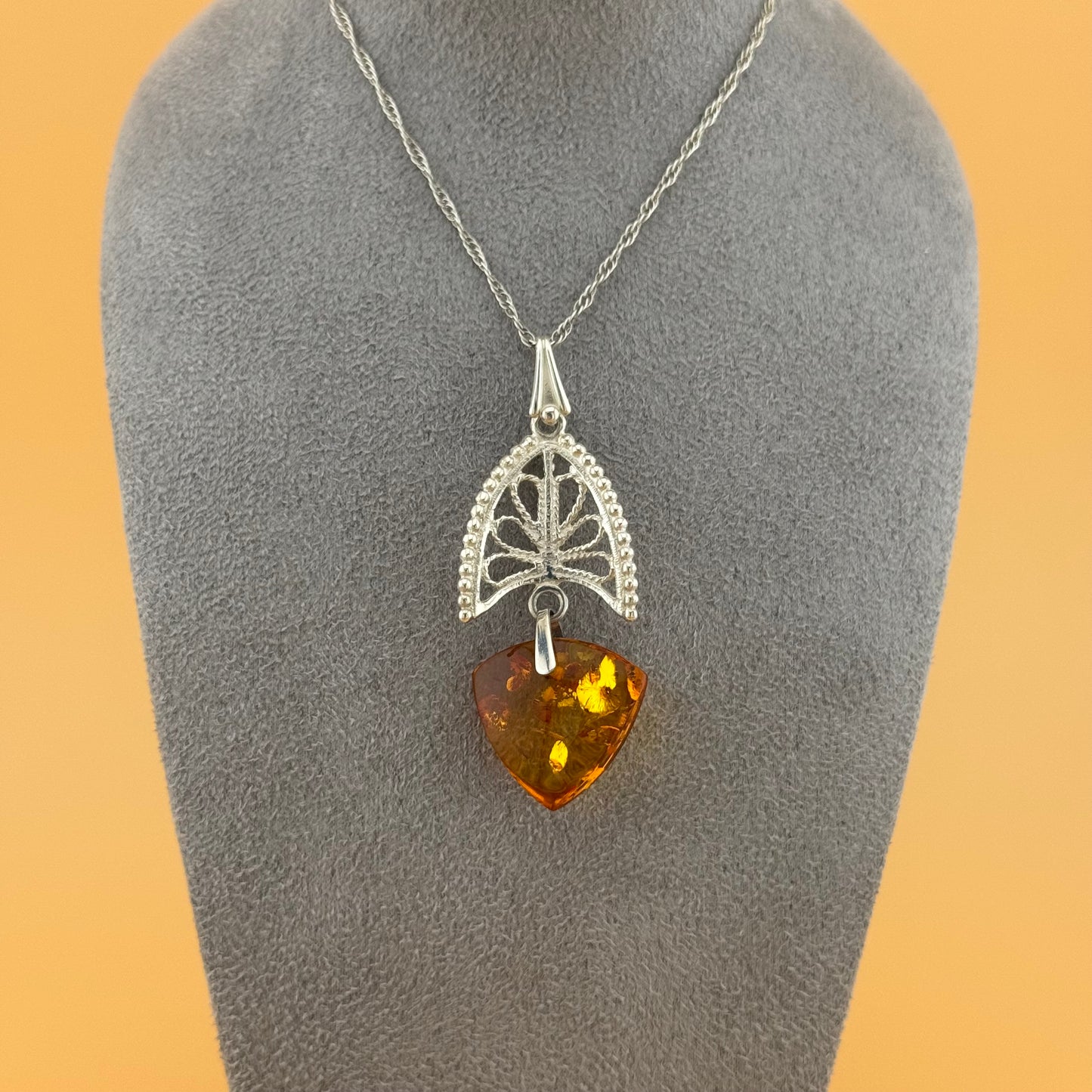 Gothic Fan-Style Amber Necklace - Sterling Silver