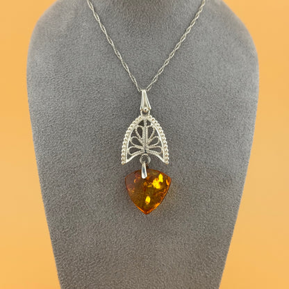 Gothic Fan-Style Amber Necklace - Sterling Silver