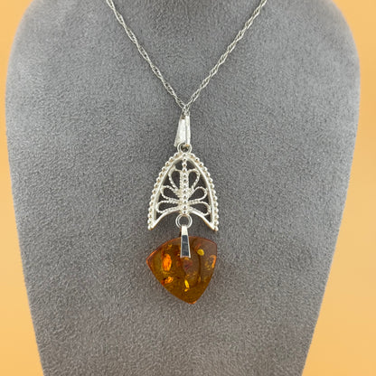 Gothic Fan-Style Amber Necklace - Sterling Silver