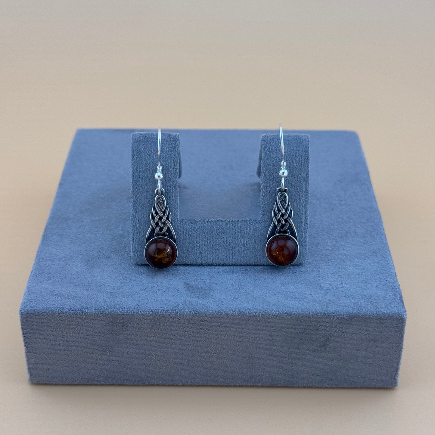 Amber Celtic Knot Drop Earrings - Sterling Silver
