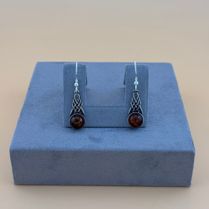 Amber Celtic Knot Drop Earrings - Sterling Silver