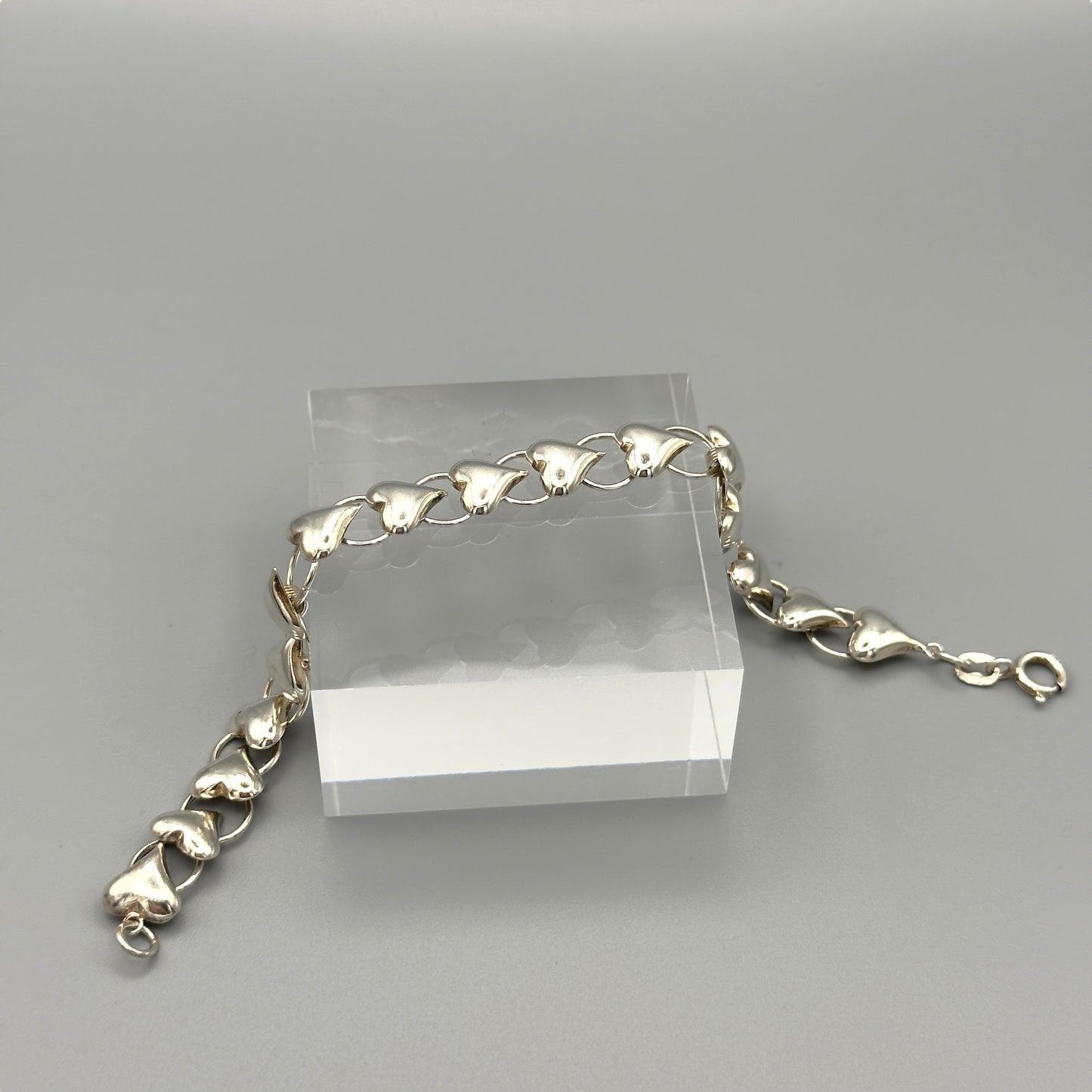 Close-up of puffed heart bracelet and clasp