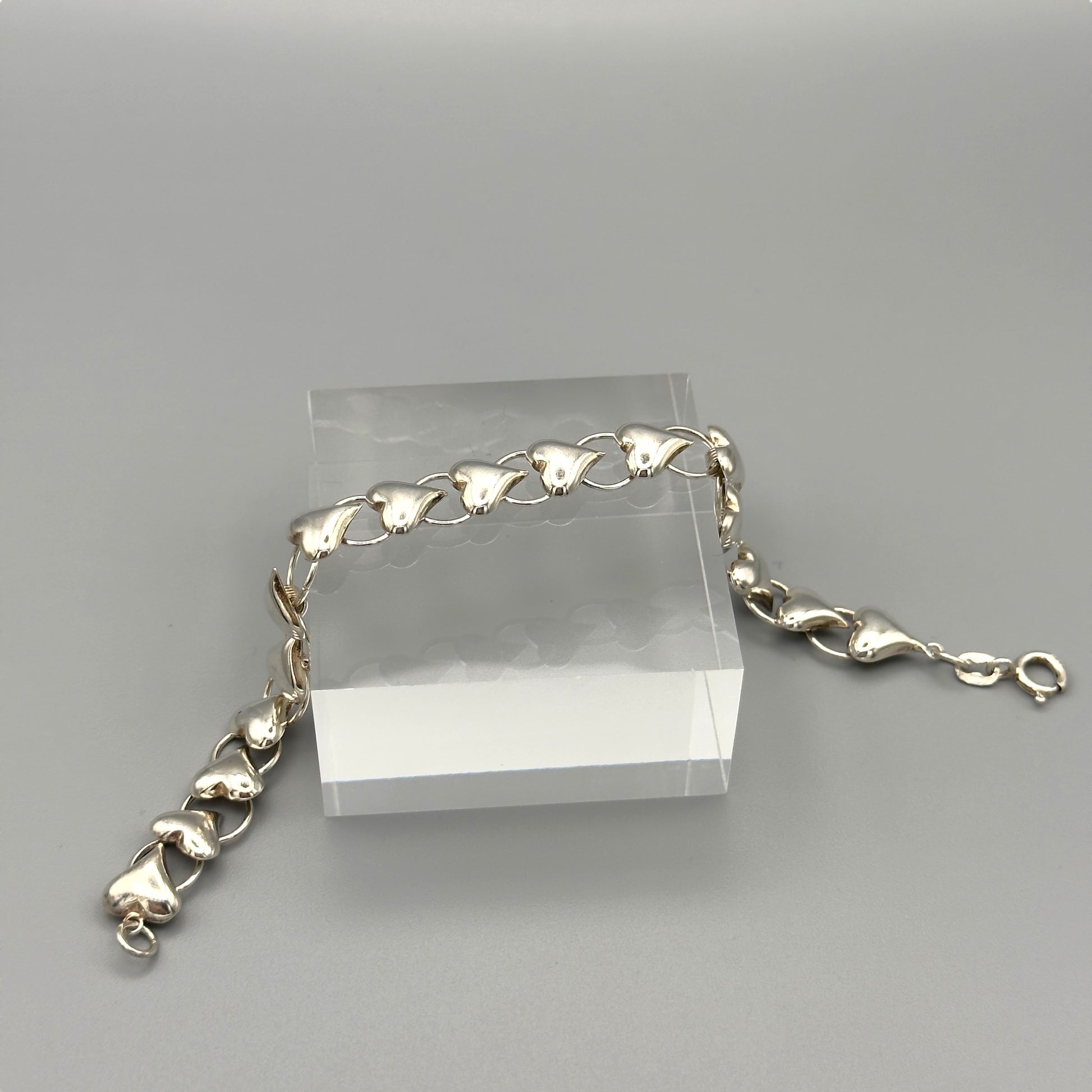 Close-up of puffed heart bracelet and clasp